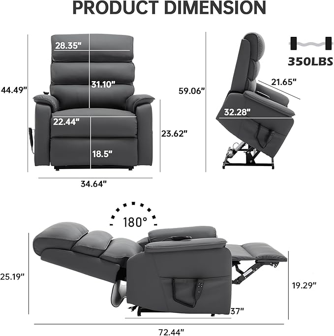 Lay Flat Lift Chair with Heat and Massage, Dual Motor Recliner Chair, Infinite Position, Up to 350 LBS, Grey, Cat Scratch-Resistant Leather