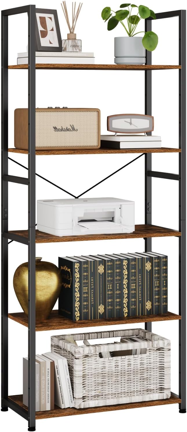 Book Shelf, Adjustable 5-Tier Tall Bookshelf, Wooden Bookcase Shelves for Bedroom, Living Room, Display Shelf for Home, Office, Kitchen, Standing Shelving Unit Storage Organizer BC-BR-5