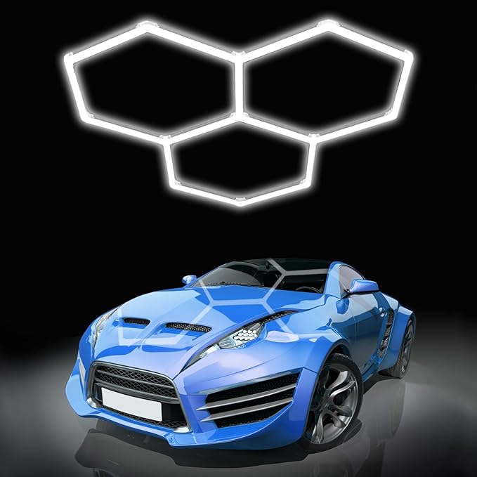 Hexagon Led Lights, Hexagon Garage Lights, 3 Grids High Brightness 128W 15360 Lumens Honeycomb Lights Ceiling for Auto Beauty Detailing Shop,Exhibition Hall, Gym