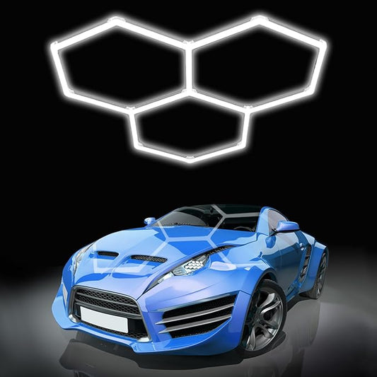 Hexagon Led Lights, Hexagon Garage Lights, 3 Grids High Brightness 128W 15360 Lumens Honeycomb Lights Ceiling for Auto Beauty Detailing Shop,Exhibition Hall, Gym