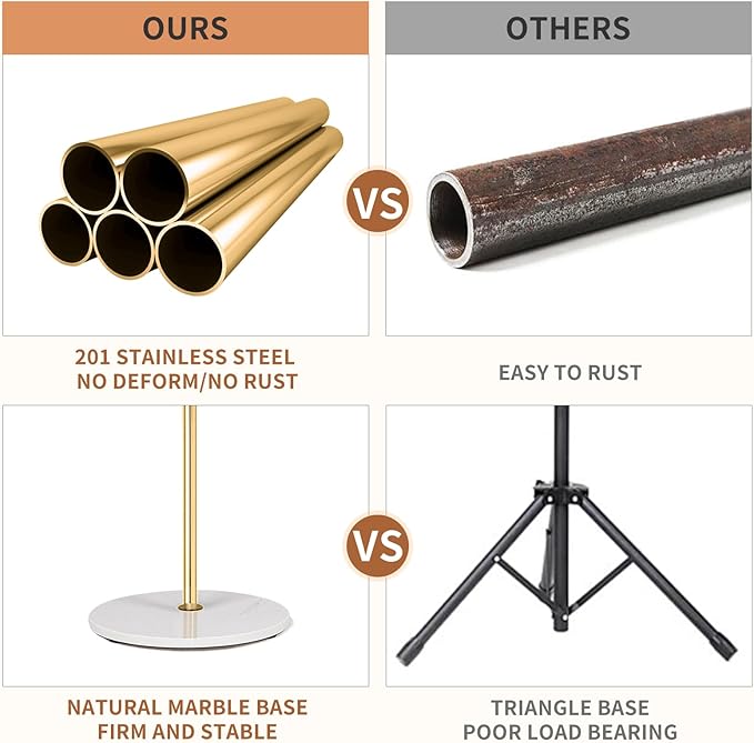 Coat Rack Stand with Natural Marble Base, Metal Freestanding Coat Rack, Modern Golden Coat Racks with 8 Hooks, Golden Standing Coat Hall Tree Hanger Stand for Scarf, Bag, Jacket