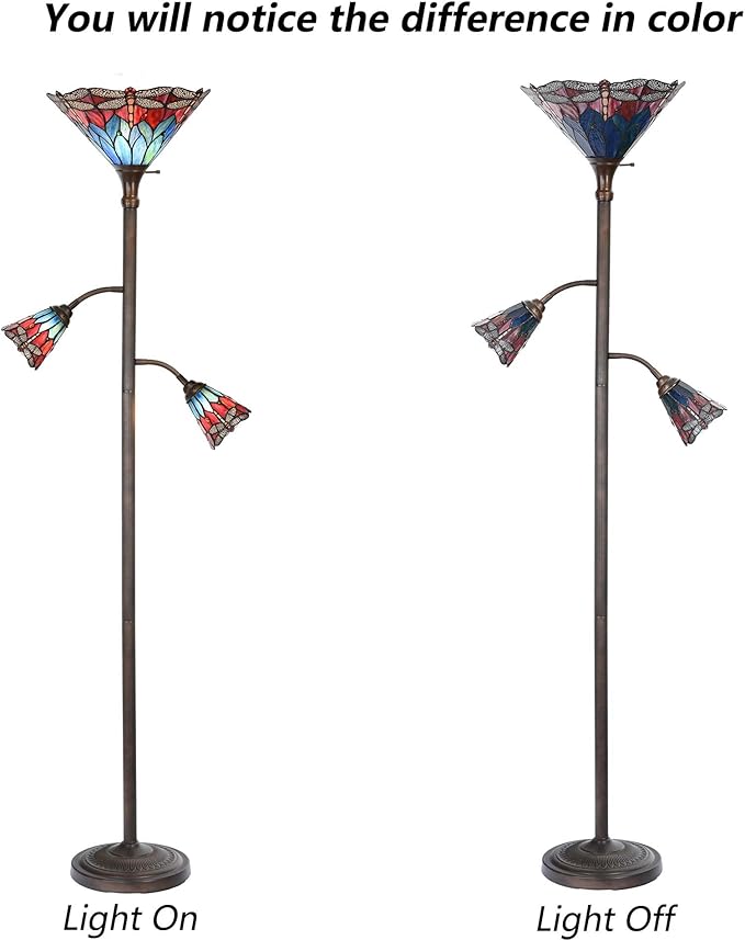 Bieye L10837 Dragonfly Tiffany Style Stained Glass Torchiere Floor Lamp with Sidelights for Reading, 70-inches Tall (Dragonfly, Red Blue)
