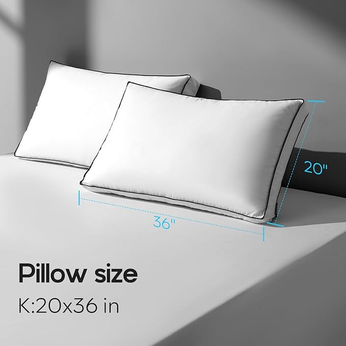 Feather Down Pillows King Size Set of 2, Hotel Quality Bed Pillows for Sleeping, Down Surrounded Soft Flat Gusseted Pillow for Back, Stomach or Side Sleepers, Flat/Soft, 20" x 36"