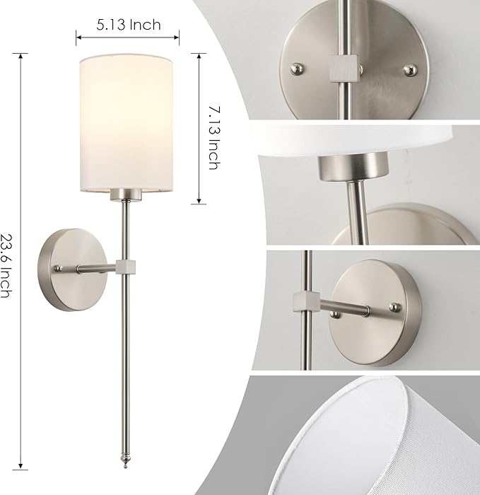 Battery Operated Wall Sconces Set of Two,Wireless Rechargeable Wall Light With Remote Control, Dimmable, 1800K/3000K/4000K/6000K/RGB, Timer, for Living Room, Bedroom, Fireplace, TV, 23.6 Inch, Nickel