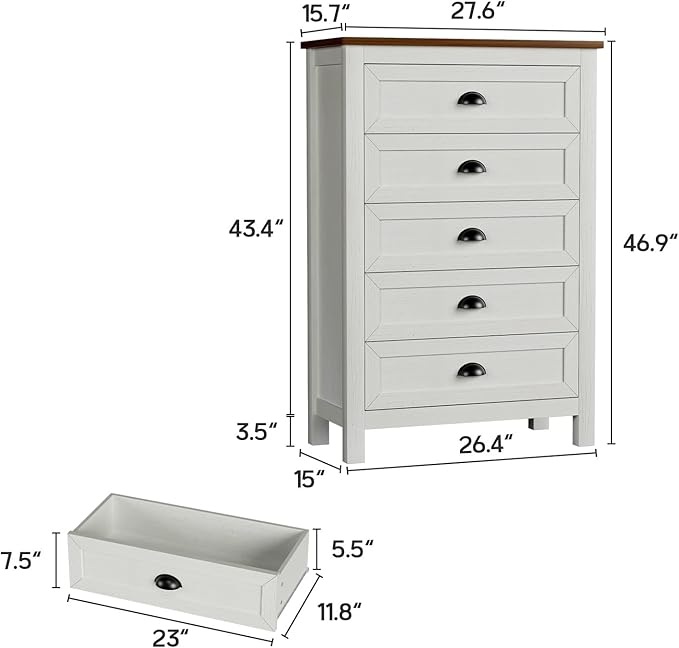 Farmhouse 5 Drawer Dresser for Bedroom, 47" Tall Dresser with Rustic Wood Top, Modern Chest of Drawers Organizer for Bedroom, Closet, Living Room, Entryway, Hallway