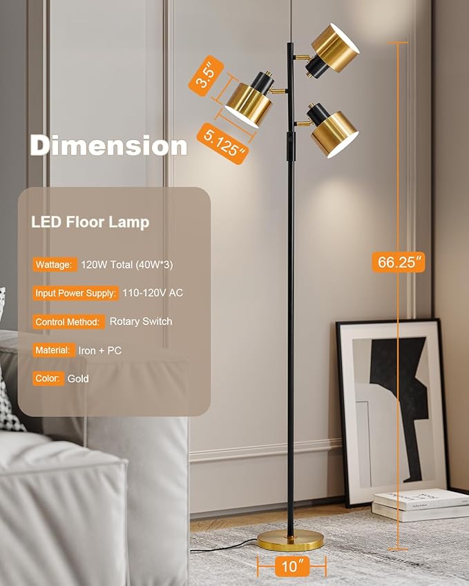 OYEARS Floor Lamp for Living Room Bright Lighting Tall Modern Industrial Vintage Standing Corner Lamps LED Metal Light Office Bedroom Study Gold Black Cream Matte Accent (3-Light, Gold)