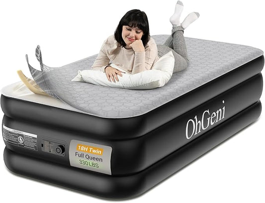 OhGeni 18" Luxury Twin Air Mattress with Built-in Pump, Inflatable Bed with Silk Foam Topper for Superior Comfort, Premium Blow-Up Mattress for Home, Camping & Guests, Easy Setup, Extra Support, Black