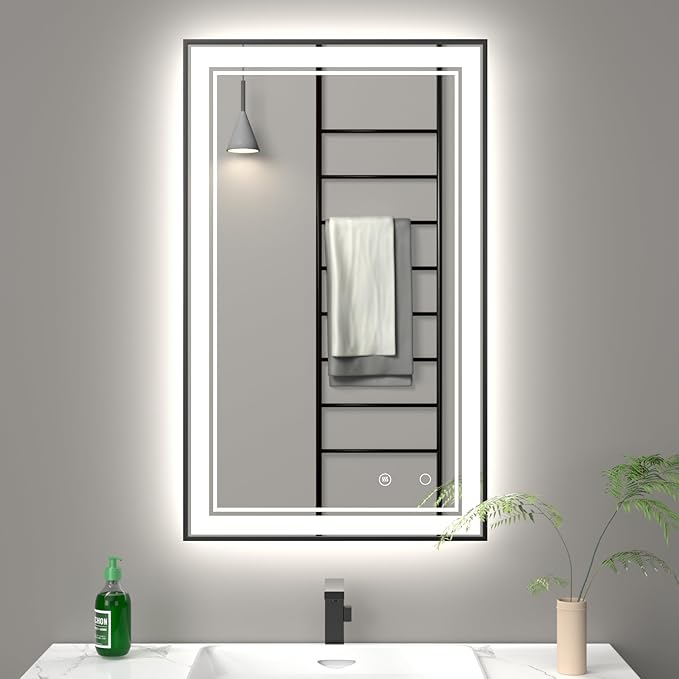 24" x 40" LED Bathroom Mirror with Lights Framed LED Mirror for Bathroom Backlit and Front Lighted Bathroom Mirror Black Square Aluminum Frame Anti-Fog Dimmable Vanity Adjustable Memory