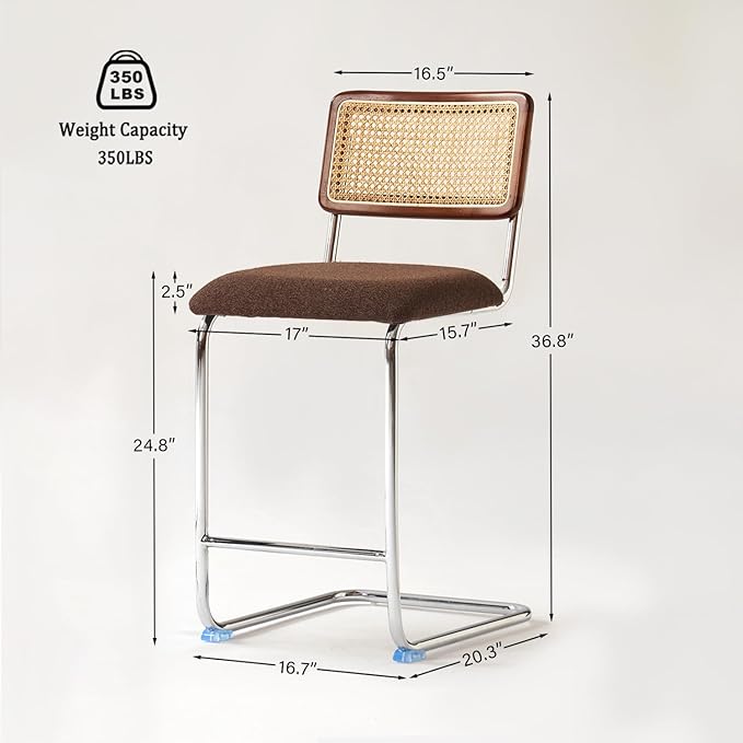 Natural Rattan Counter Height Stools Set of 3 with Solid Wood Back, 24 Inch Mid Century Modern Cesca Bar Stools, Brown Upholstery Boho Stool for Kitchen Counter with Chrome Metal Legs