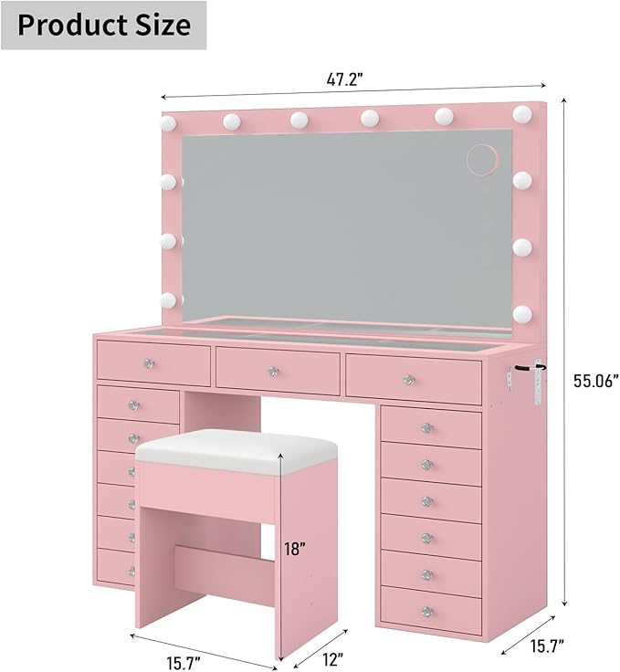 15 Drawers Makeup Vanity with Charging Station, Vanity Desk with 12 LED Bulbs and HD Mirror, 3 Color Brightness Adjustable, Vanity Set for Bedroom, Pink