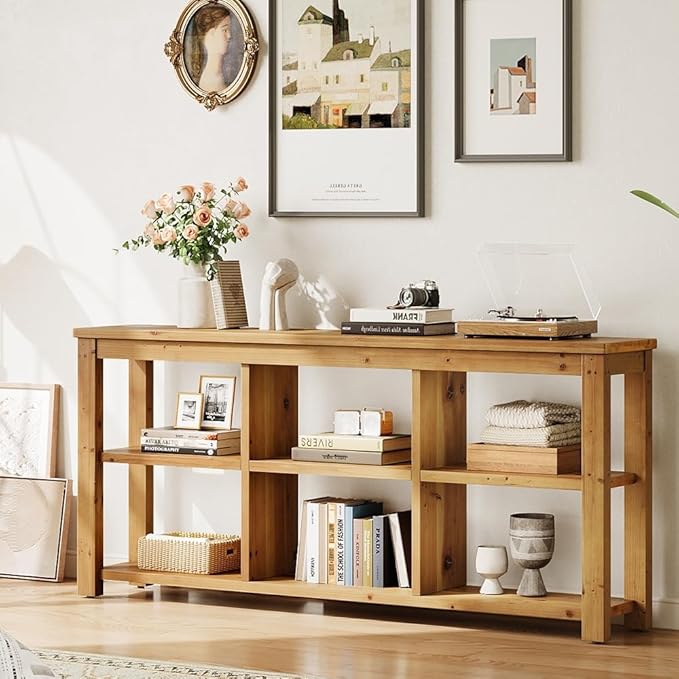 Solid Wood Horizontal Bookcase with Adjustable Shelves, 6 Cubes Storage Organizer Long Bookshelf, Farmhouse Low Cubby Bookcase for Living Room, Home Office, 63 Inches