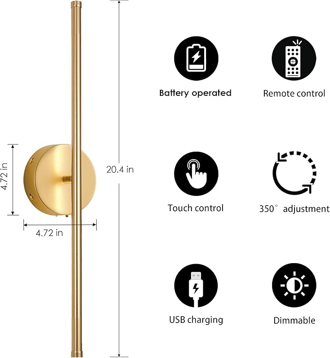 Battery Operated Wall Sconces, Dimmable Wall Sconces Set of Two, 350°Rotate, 3000K LED Gold Wireless Wall Light for Living Room, Bedroom, Hallway, 20.4 Inch (2 Pack)