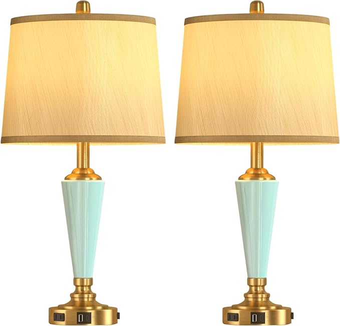 24" Ceramic Table Lamp with 3 Way Dimmable Touch Lamps - 2 USB Ports & AC Outlet Bedside Lamps, Modern Nightstand Lamp for Bedroom Living Room Office (Bulb Included) (Sky Blue-2 Pack)