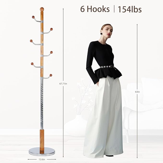 Coat Rack Freestanding, Metal Wooden Coat Tree with 6 Hooks, Heavy Duty Coat Hanger Stand with Resin and Stainless Steel Base, Free Standing Hall Tree for Scarf, Bag, Jacket (Metal)