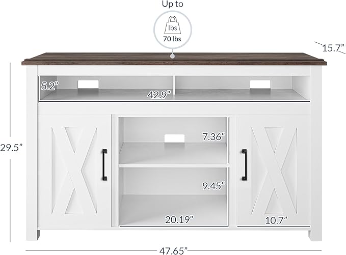 BELLEZE 48" TV Stand, Entertainment Center for TVs up to 55", Media Console Table with Two Open Shelves and Storage Cabinets - Corin (White)