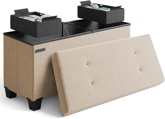 STORAGEBUD Storage Ottoman Bench with Bins, 30-in Storage Bench for Bedroom End of Bed, Folding Foot Rest Ottoman for Living Room Max 660lbs, Velvet Ottomans, Taupe