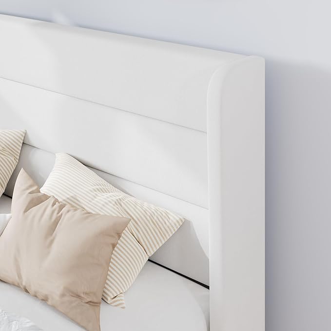 SHA CERLIN King Size Velvet Bed Frame/Vertical Channel Tufted Wingback Headboard/Upholstered Platform Bed with Wooden Slats/Mattress Foundation/No Box Spring Needed/Easy Assembly/White