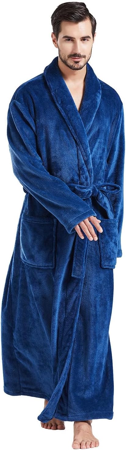FashGudim Mens Robes Big and Tall Full Length Plush Fleece Long Robe for Men Bathrobe Shawl Collar Warm Winter House Robes