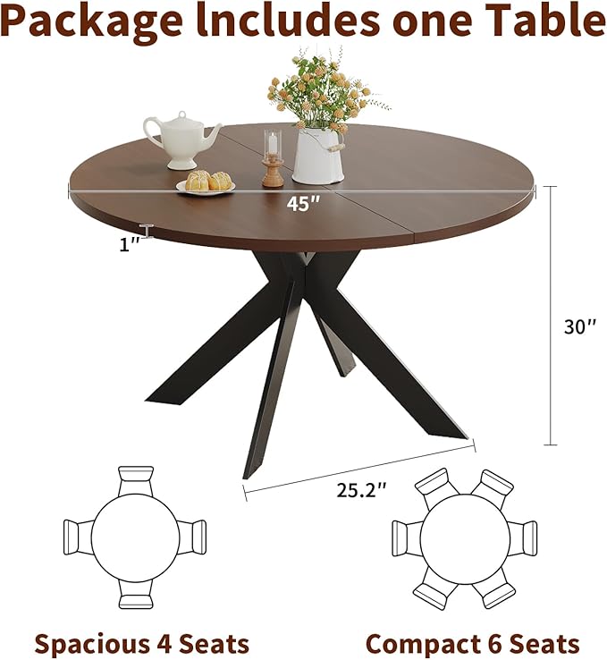 45.3" Walnut Round Dining Table Set with 2 Chairs – Mid-Century Modern Small-Space Kitchen & Dining Room Furniture for Apartment or Breakfast Nook (Walnut – Table + 2 Brown Chairs)