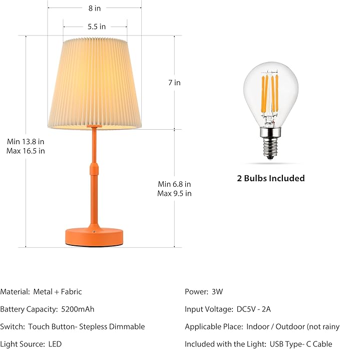Cordless Table Lamp, 2700K Stepless Dimmable Wireless Touch Lamp with 2 Bulbs, 5200mAh Rechargeable Battery Operated Lamps for Living Room, Kitchen, Bedside, Dining Room, Bar(Orange)