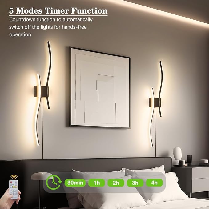 Modern Black Plug in Wall Sconces Set of 2 - Smart Dimmable LED Wall Lights with Remote, 3CCT Adjustable & Memory Function, Timer Setting - No Wiring Needed for Living Room, Bedroom, Hallway
