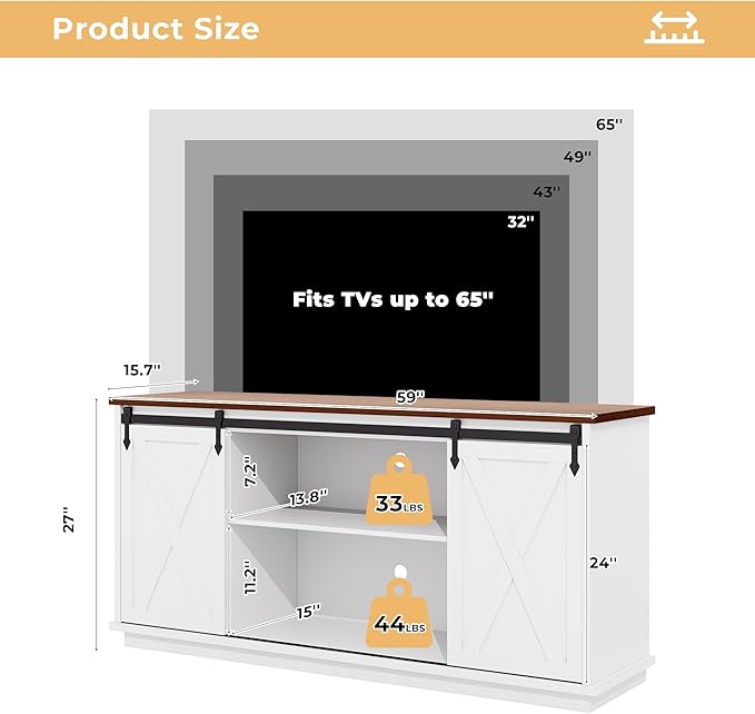 Modern Farmhouse TV Stand for Televisions up to 65’’, Entertainment Center with Storage Cabinets and Sliding Barn Doors, Media TV Consoles for Living Room, Bedroom, White