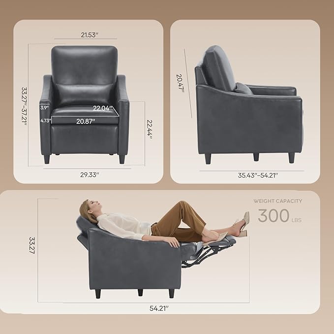 COLAMY Pushback Electric Recliner Chair, Premium Leather Upholstery with Adjustable Angles, Extra Lumbar Pillow, Built-in Charging Port, Business-Casual Style for Living Room,Grey
