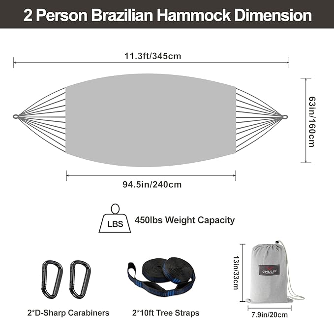 Brazilian Double Hammock with Tree Straps,Extra Large 94x63IN,2 Persons Hammock for Backyard Patio Outdoor and Indoor,450lbs Weight Capacity,Soft Woven Cotton Fabric - Light Grey