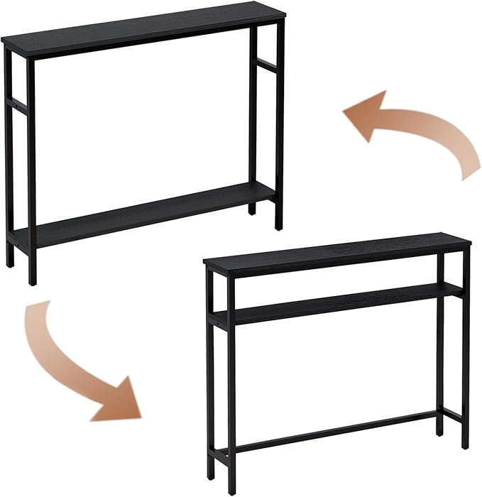Narrow Console Table, 39.4” Sofa Table with Adjustable Shelf, 2-Tier Long Skinny Table for Hallway, Entryway, Living Room, Foyer, Black