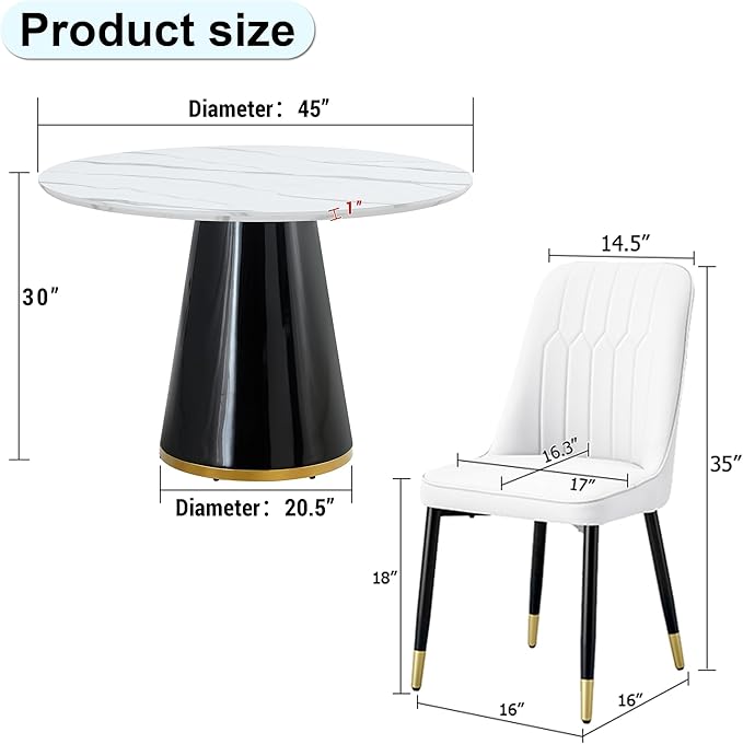 45 Inch Round Dining Table Set for 6, 7 Piece Kitchen Table and Chairs Set, White Faux Marble Table Top, Small Space Dining Set for Apartment or Dining Room