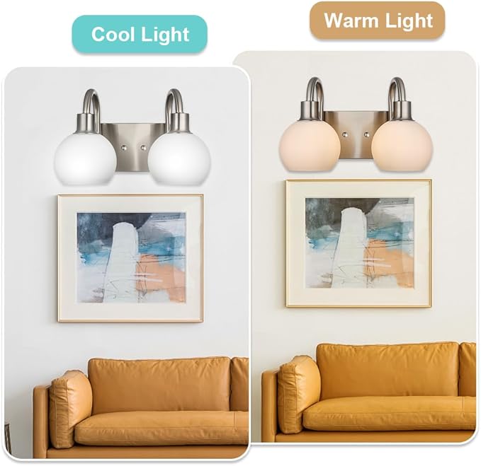 12.2 Inch Wall Sconce Lighting in Brushed Nickel, 2-Light Bathroom Light Fixtures Over Mirror for Bedroom Living Room Hallway, Modern Vanity Lights with Milk White Globe Glass Shade