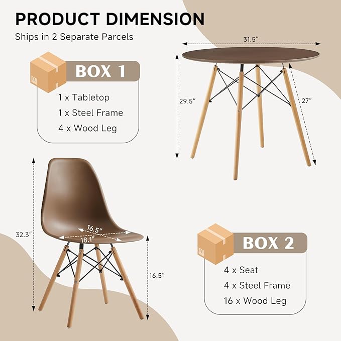 31.5'' 5 Piece Round Dining Table Set for 4, Mid-Century Modern Table with Chairs, Space Saving, Plastic Seats, Wood Legs, Circle Dinner Table for Kitchen, Home, Apartment, Brown
