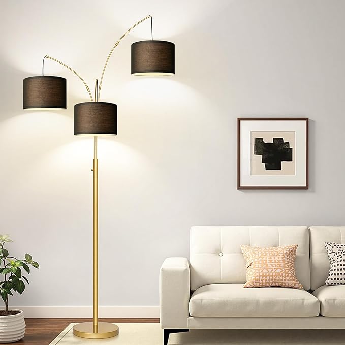 Nintiue Dimmable Floor Lamp - 3 Lights Gold Floor Lamps for Living Room with Black Shades & Heavy Base, Mid Century Tree Floor Lamp for Bedroom Office, 3 LED Bulbs Included