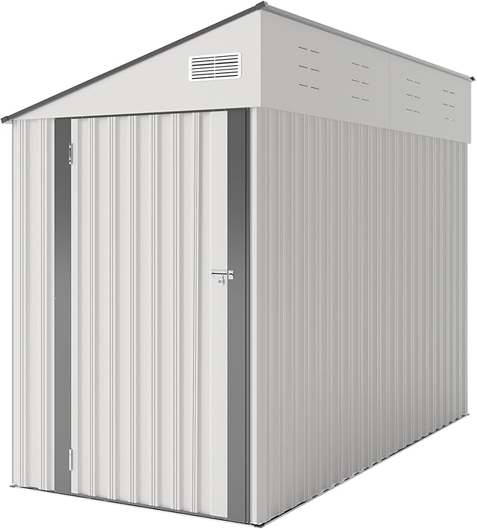 4x8 ft Lean to Shed, Outdoor Storage Shed with Lockable Door and Vents, Metal Storage Shed with 6 Vents, Outside Garden Tool Shed for Backyard, Patio, Wall Side Design (White)