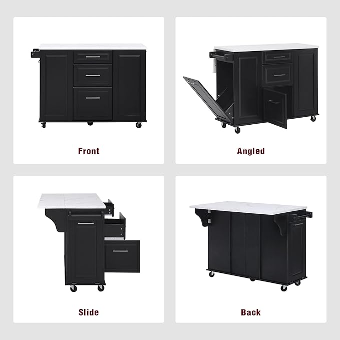 50.7" Mobile Kitchen Island with Storage Tilt Trash Can Cabinet and Pull Out Cabinet Organizer, Movable Rolling Island on 5 Wheels with Drop Leaf, 2 Drawers, 1Door for Kitchen, Dining Room (Black)