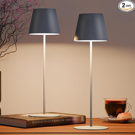 uuffoo 2 Pack Cordless Rechargeable Table Lamps Battery Operated Outdoor Table Lamps with 3 Colors Stepless Dimming, Desk Night Light for Restaurant, Patio, Bedroom, Bar (Gray)