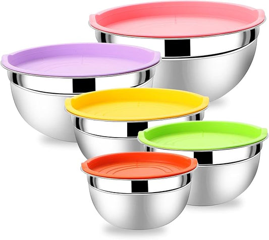 Lazycorner Mixing Bowls with Airtight Lids Set 5 Pcs Stainless Steel Bowls Set Baking Set Non-Slip Silicone Bottoms Great for Serving & Baking