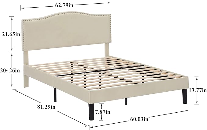 VECELO Queen Bed Frame Platform Bed Frame with Upholstered Headboard, Strong Frame and Wooden Slats Support, Strong Weight Capacity, Non-Slip and Noise-Free, Easy Assembly,Beige