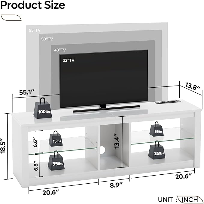 Bestier White TV Stands for Living Room, High Gloss Gaming TV Stand with Power Outlet, Modern Entertainment Center for Bedroom,LED TV Stand for 55/60/65 Inch TV, 55 Inch TV Console Table with Shelves