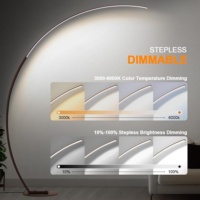 Dimmable LED Floor Lamp with 3 Color Temperatures, Ultra Bright 2000LM Brown Arc Floor Lamps for Living Room, Modern Standing Tall Lamp with Remote Control Reading Floor Lamp for Bedroom Office