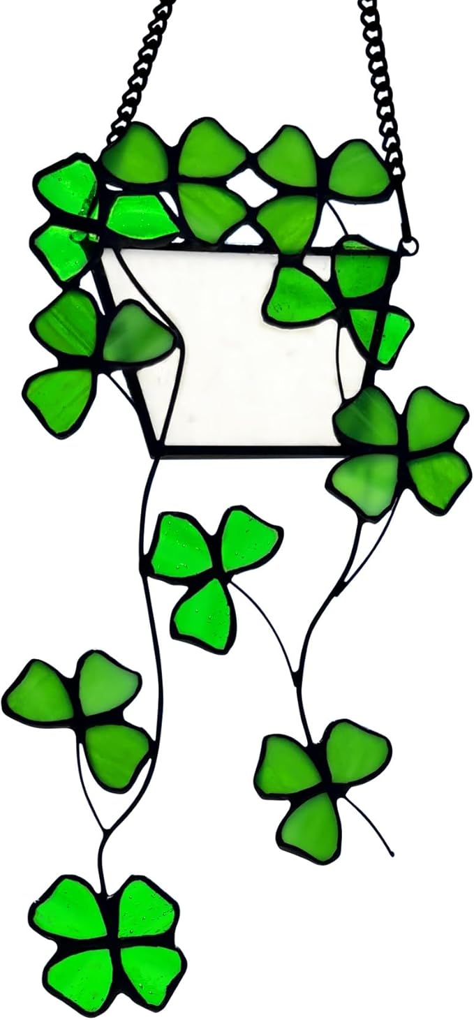 Stained Glass Four Leaf Clover Decor Suncatcher for Window, Artificial Green Plants Stained Glass Window Hanging, Fake Plant Decor Gift for Women,Mom,Plant Lovers(Four Leaf Clover)