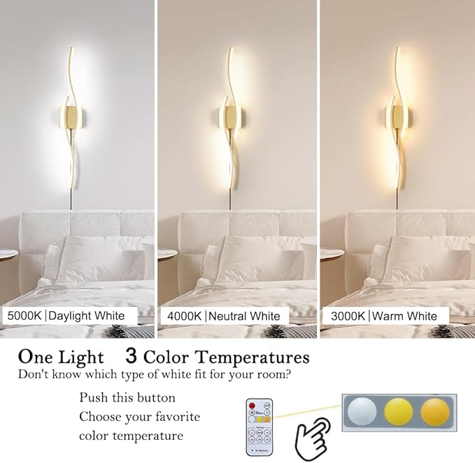 Modern Gold Plug in Wall Sconce Set of 2, Indoor Dimmable Light Fixture with Plug in Cord for Living Room, LED Sconces Lighting with Remote Control, Wall Lighting Decor for Hallway Bedroom