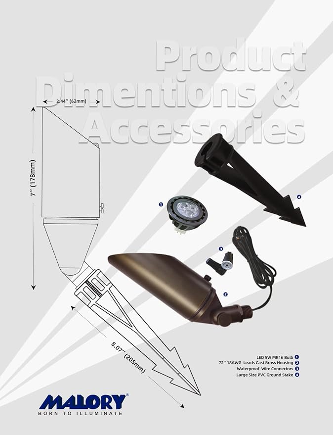 MALORY Brass Landscape Spotlight 1-Pack with 5W LED MR16 Bulb Kit(S03), 12V AC/DC Low Voltage Outdoor Landscape Lighting Shroud Adjustable,Ground Stake and Wire Connector Included,2700K Warm White