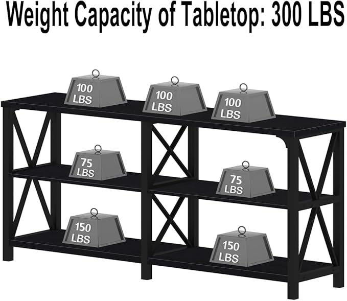 IBF Black Console Table, Modern Industrial Sofa Table with 3 Tier Storage Shelves, Farmhouse Wooden Metal Entryway Table for Living Room, Hallway, or Foyer, Black Oak, 63 Inch