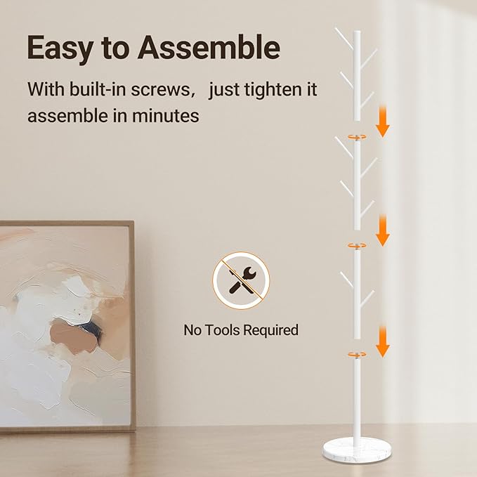 ELYKEN Coat Rack Freestanding with Natural Marble Base, Metal Coat Rack Stand with 10 Hooks, 3 Adjustable Size Coat Tree for Bags, Clothes, and Hats for Entryway, Bedroom, Hallway, Office, White