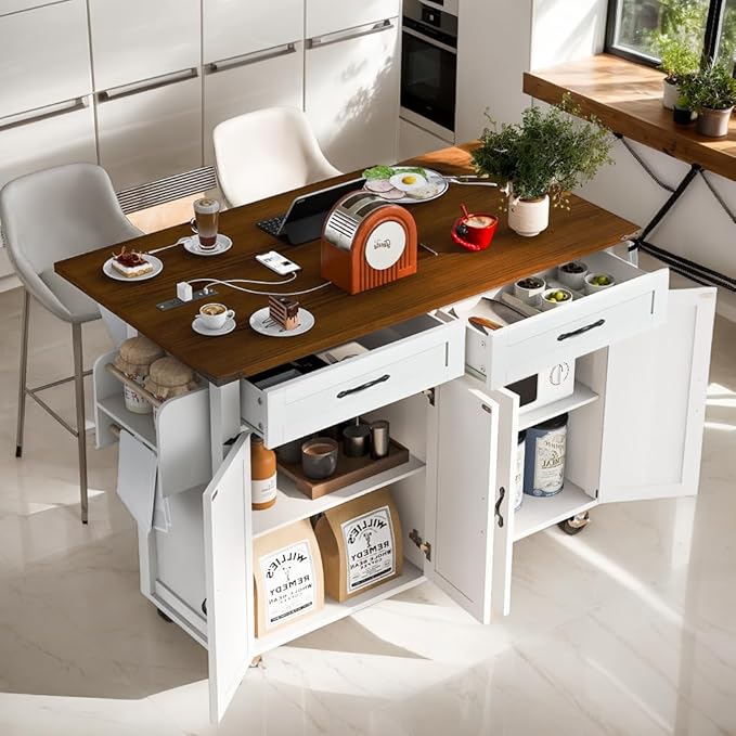 Farmhouse Roling Kitchen Island Cart with Drop Leaf Breakfast Bar with Power Outlet, Storage Island Table on Wheels with Drawers, Spice Rack(White)