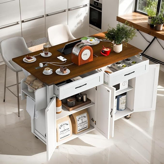 Farmhouse Roling Kitchen Island Cart with Drop Leaf Breakfast Bar with Power Outlet, Storage Island Table on Wheels with Drawers, Spice Rack(White)