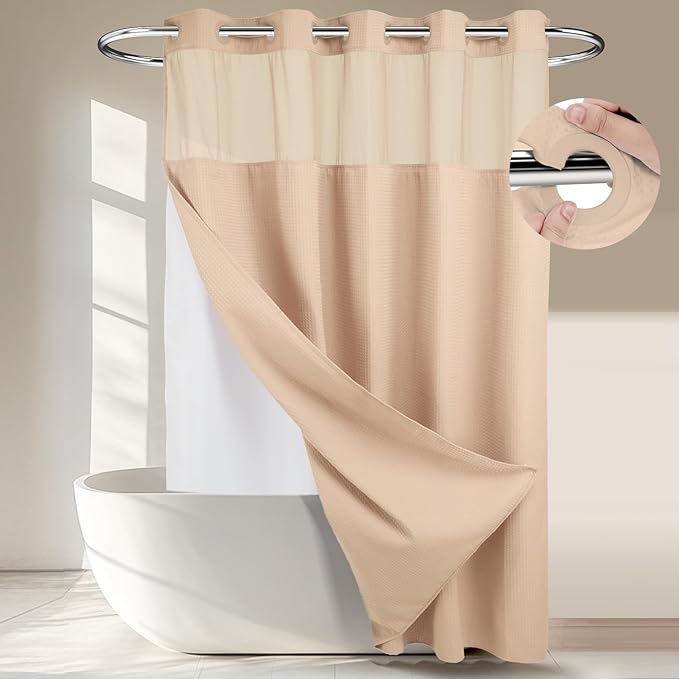 River Dream Heavyweight No Hooks Required Dotted Waffle Weave Shower Curtain with Snap in Liner - 71W x 74H,Hotel Grade,Spa Like Bath Curtain,Pink