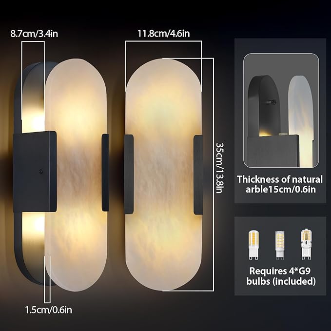 13.8 inch Matte Black Alabaster Sconces,Indoor Marble Wall Sconces, Alabaster Sconce for Living Room Modern Alabaster Sconces Wall Lighting for Bathroom Dining Room, Stairs, Bedroom