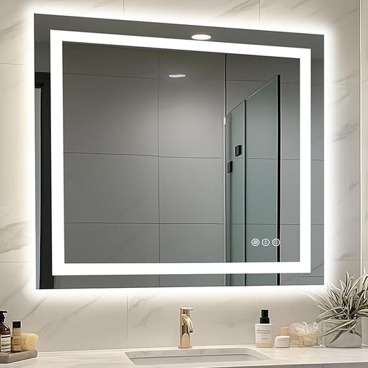 40"x38" Lighted Mirrors for Bathroom Wall, Front and Backlit, Anti-Fog LED Vanity Mirror, Shatter-Proof, 3 Colors Memory Mirror (Horizontal/Vertical)